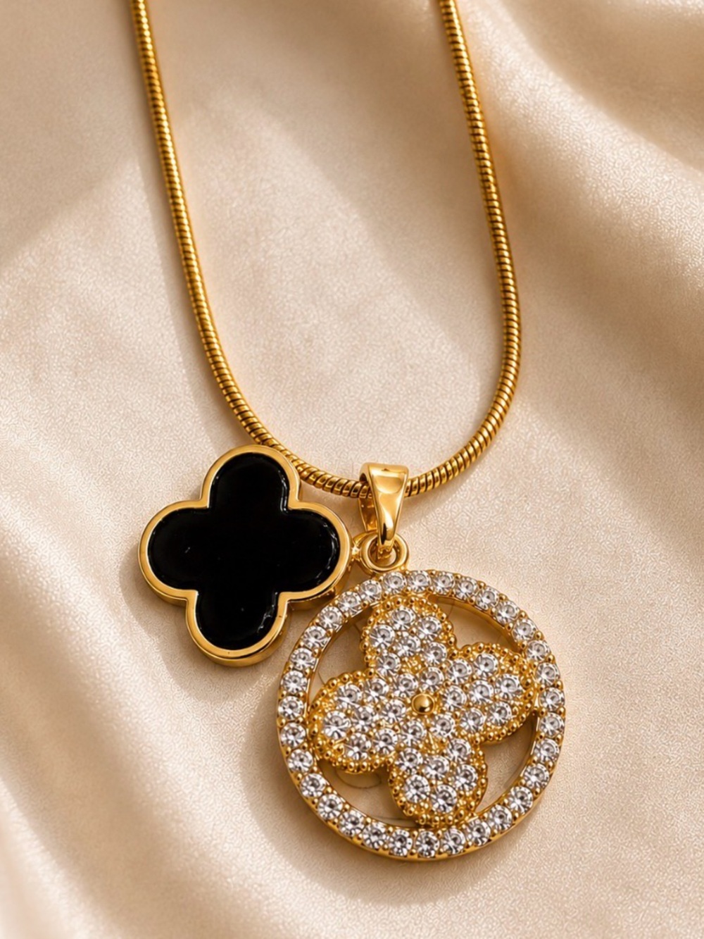 Gold Necklace with Black Clover and Crystal Circle Pendant